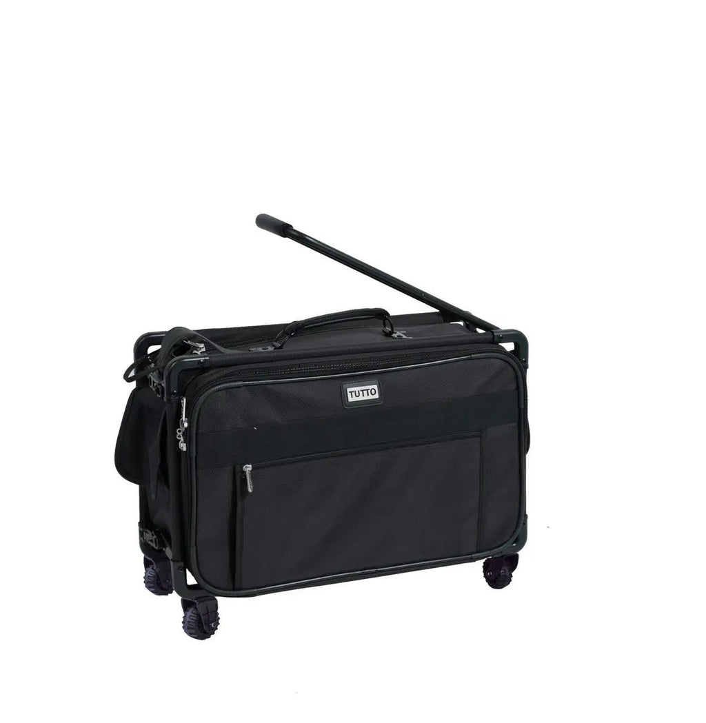 Tutto Large Black machine bag, black rolling bag with extendable handle and front pocket.