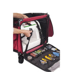 Tutto large machine-on-wheels red bag with sewing machine secured inside and front tool kit with scissors