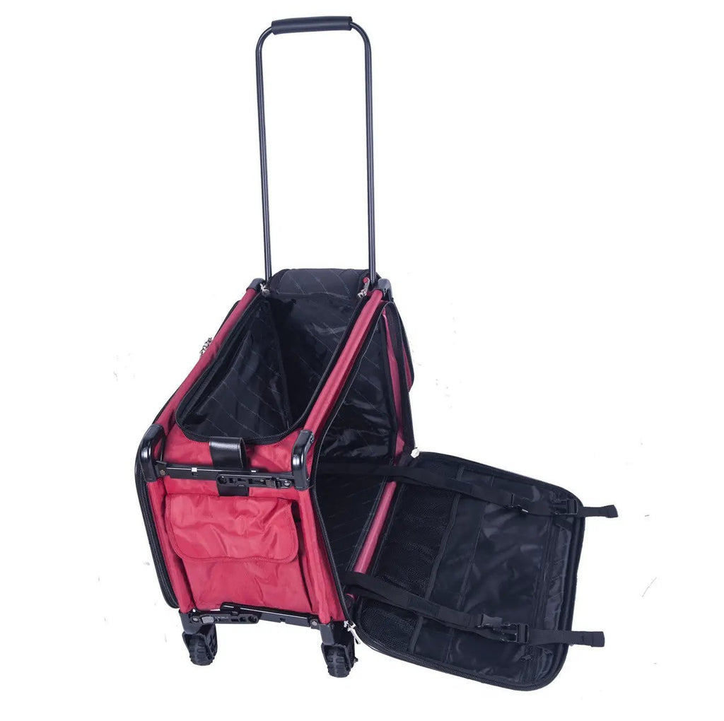 Tutto Large Machine On Wheels red rolling bag with black interior and multiple compartments