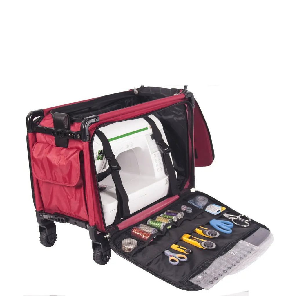 Tutto Large Machine On Wheels red rolling bag with sewing machine inside and tool organizer.
