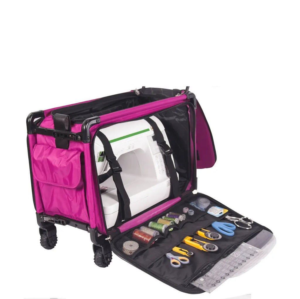 Tutto Large Pink machine bag featuring built-in sewing machine holder and organized tool kit.