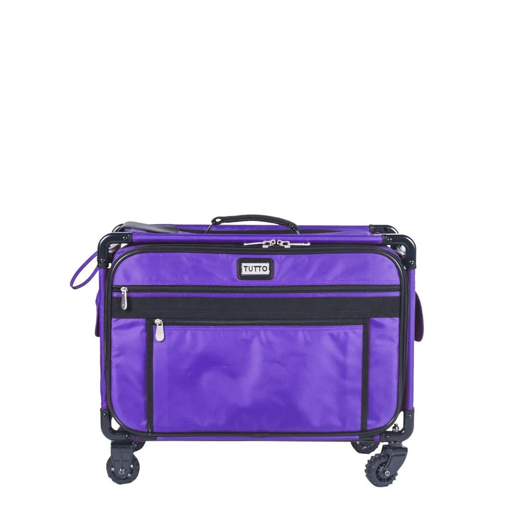 Tutto large machine on wheels, purple, with black frame and multiple zip pockets