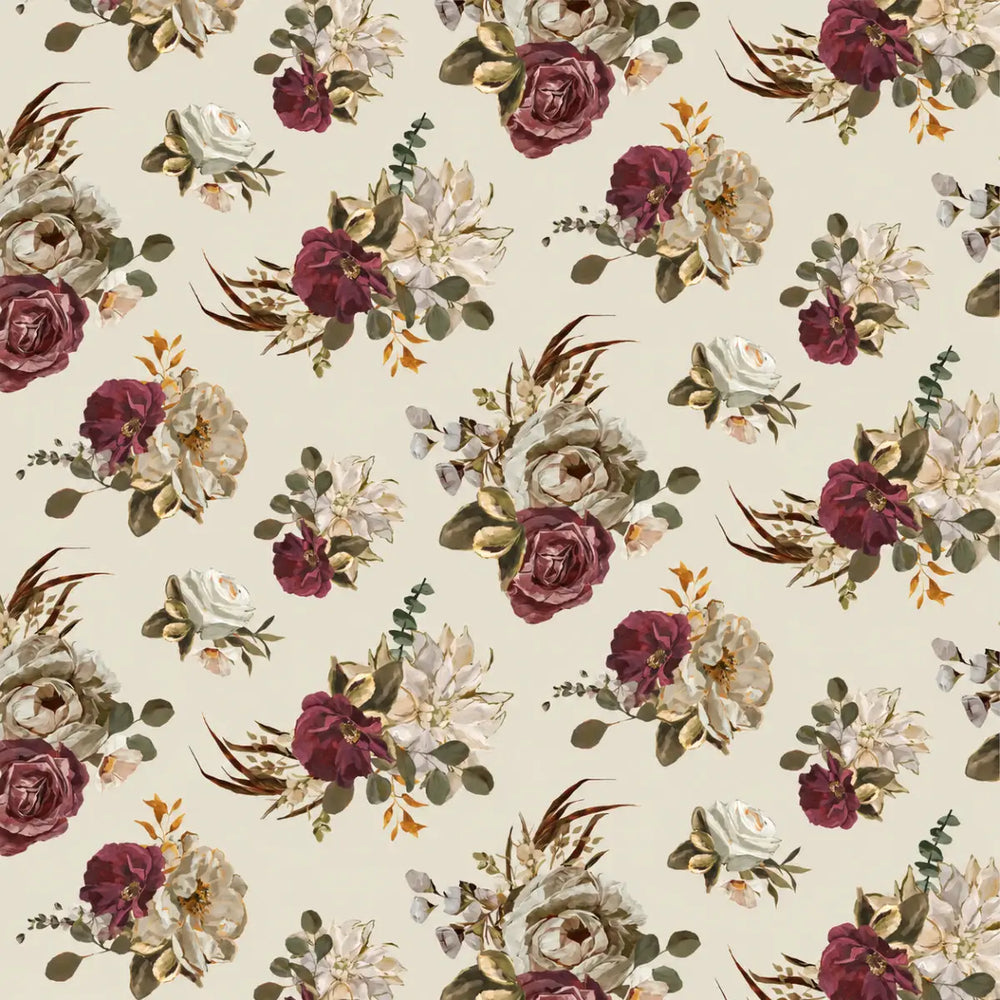 Dark Romance Blooming Beauty Cream quilting fabric with lush romantic floral motifs by Annie Quigley for Camelot Fabrics