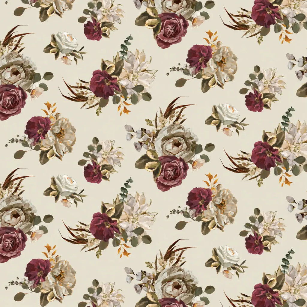 Dark Romance Blooming Beauty Cream quilting fabric with lush romantic floral motifs by Annie Quigley for Camelot Fabrics