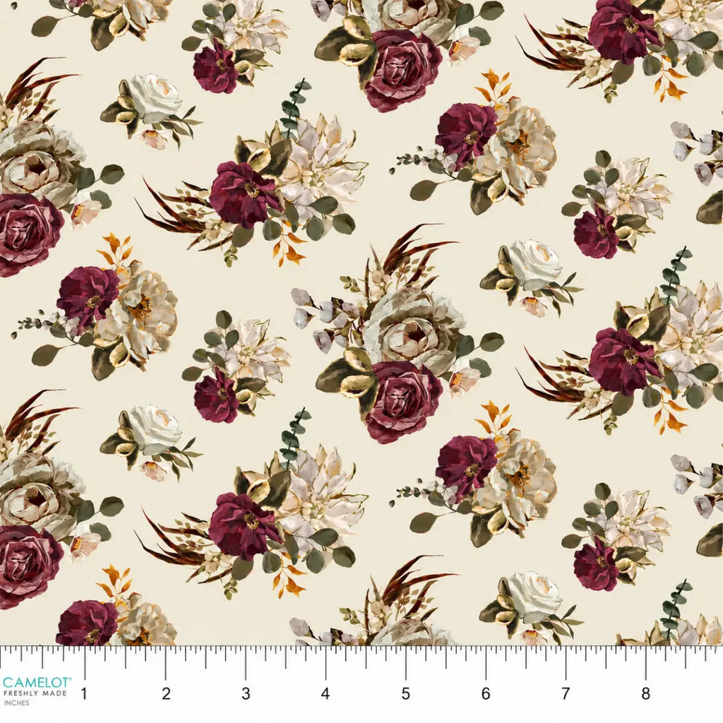 Dark Romance Blooming Beauty Cream quilting fabric with lush romantic floral motifs by Annie Quigley for Camelot Fabrics