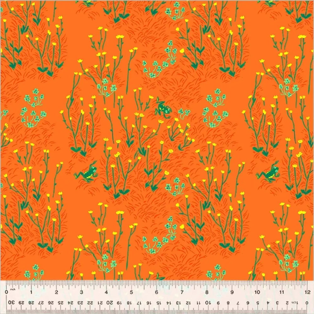 West Hill Tall Buttercups Orange quilting cotton fabric by Heather Ross featuring small meadow flowers and leafy stems on an orange background.