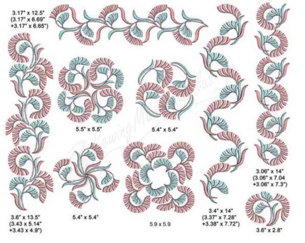 Momo-Dini embroidery designs Ornamental Flowers 3 set of 9 pink and teal floral motifs