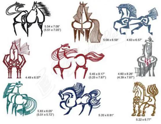 Momo-Dini Embroidery Designs Stallions 2: 9 colorful horse motifs for embroidery.