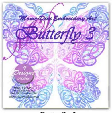 Momo-Dini Embroidery Designs Butterfly 3; colorful purple-pink-blue butterfly motifs, 9 designs included