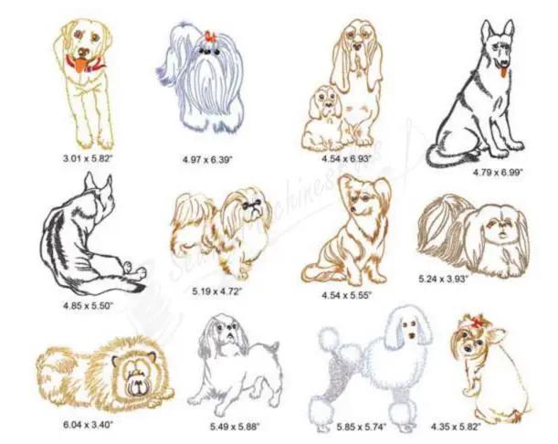 Dinis Dogs embroidery designs by Momo-Dini: 12 dog patterns in assorted colors.