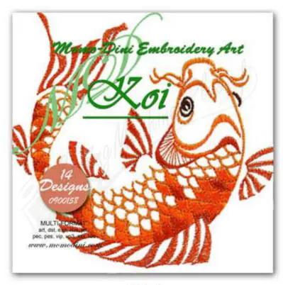 Momo-Dini Embroidery Designs Koi set; orange koi fish motif with green text, 14 designs