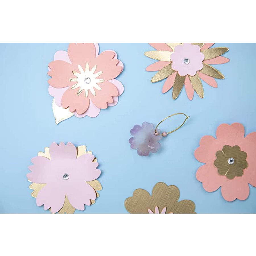 Sizzix Bigz Die Bold Blossoms by Laura Kate cutting dies; pastel pink and gold flower shapes