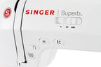 Singer sewing machine, white body with red Singer logo and Superb label