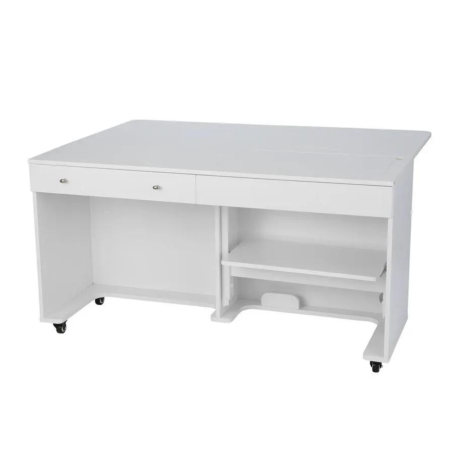 Kangaroo II sewing cabinet in white with two drawers on the left and open shelving on the right on casters.