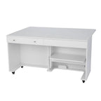 Kangaroo II sewing cabinet in white with two drawers on the left and open shelving on the right on casters.