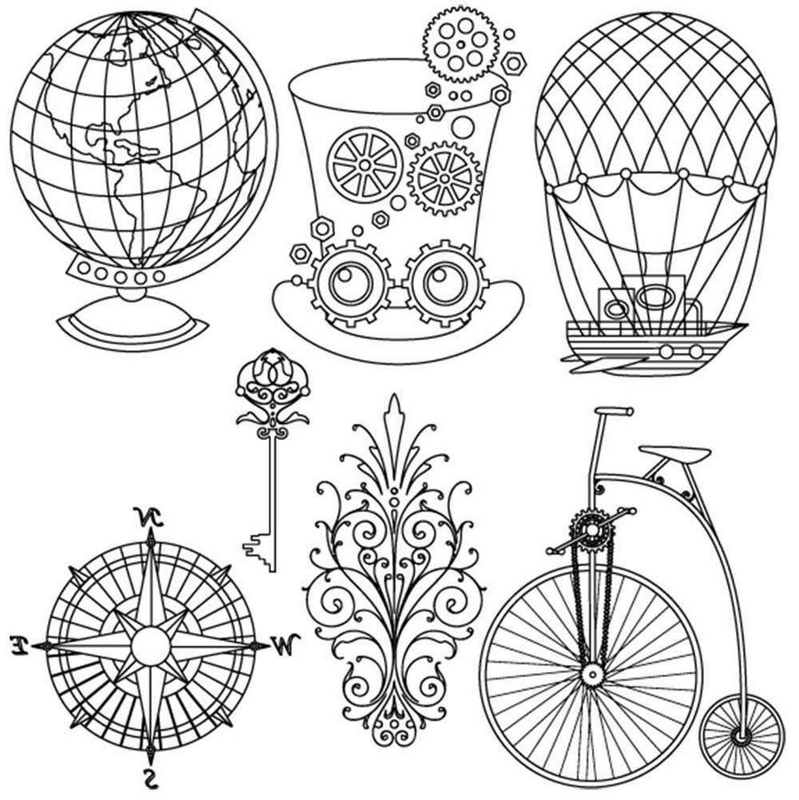 Threaders Embroidery Transfer Sheets Traveller with 7 motifs: globe, hat, balloon, compass, key, flourish, bicycle.
