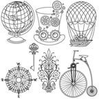 Threaders Embroidery Transfer Sheets Traveller with 7 motifs: globe, hat, balloon, compass, key, flourish, bicycle.