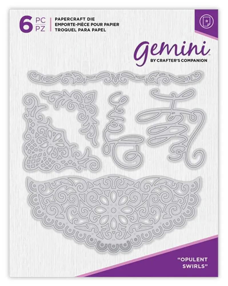 Gemini Junior cutting and embossing machine packaging by Crafter's Companion; 6-piece ornate metal dies displayed on front.