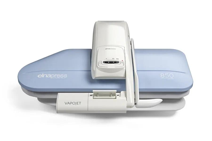 Elna EP850 steam press with blue base, white control unit, and VAPOJET accessory.