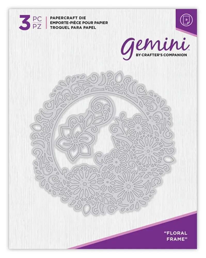 Gemini die-cutting and embossing machine packaging by Crafter's Companion with a floral frame die image