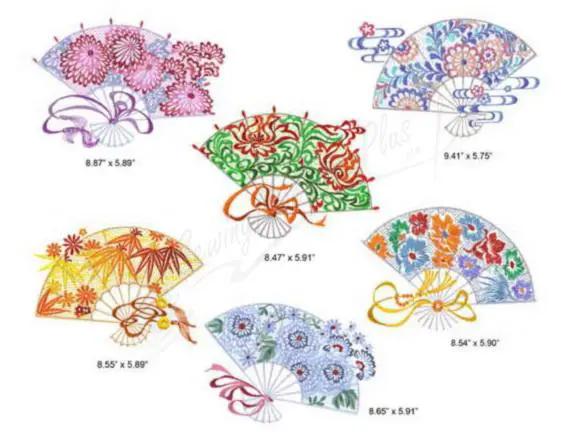 Embroidery Designs Momo-Dini Oriental Fans (1000160): six colorful floral fan motifs in pink, blue, green, orange