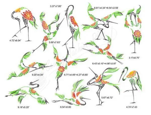 Momo-Dini Embroidery Designs Crane set of 12 with green and orange accents