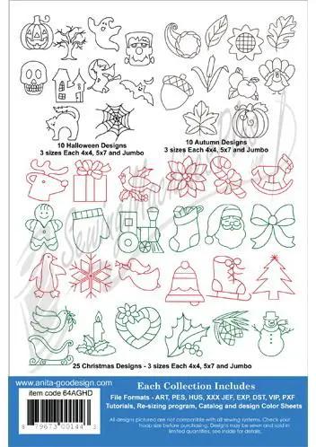 Anita Goodesign Collection Quilters Holiday 64AGHD embroidery designs including 10 Halloween and 25 Christmas motifs