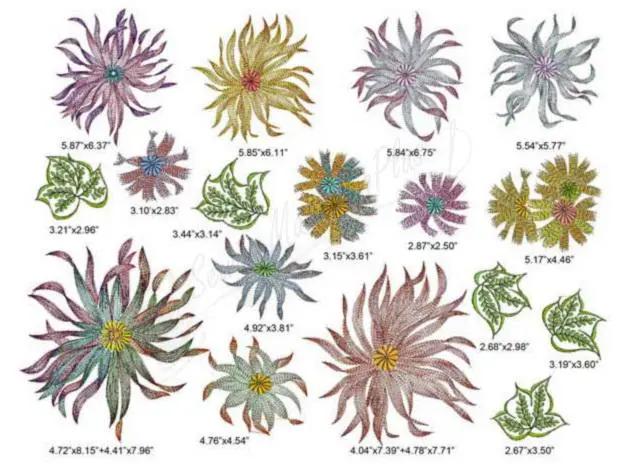 Momo-Dini Embroidery Designs Sparkling Chrysanthemum collection; collage of multicolor chrysanthemum motifs.