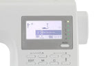 Singer sewing machine control panel on white body with LCD display and labeled mode button
