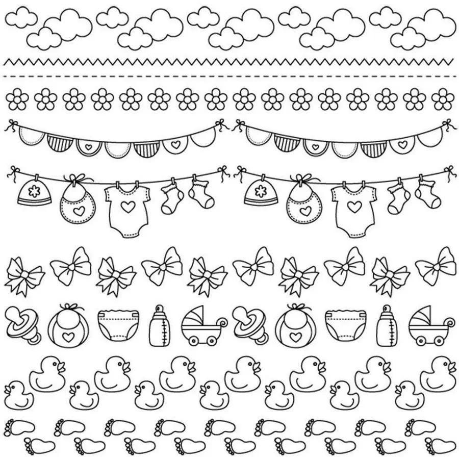 Threaders Embroidery Transfer Sheets Baby set with clouds, flowers, bunting, bows, and baby gear silhouettes