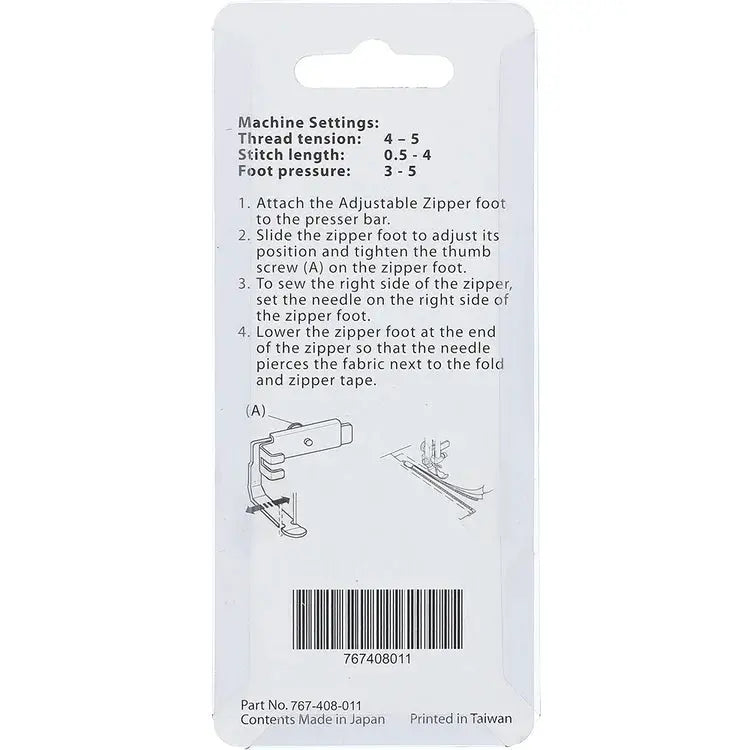 Janome Adjustable Zipper Foot packaging; white card with barcode 767408011, Janome Accessories.