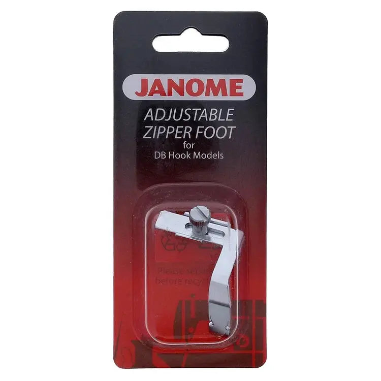 Janome adjustable zipper foot for DB hook models, silver metal presser foot in packaging.