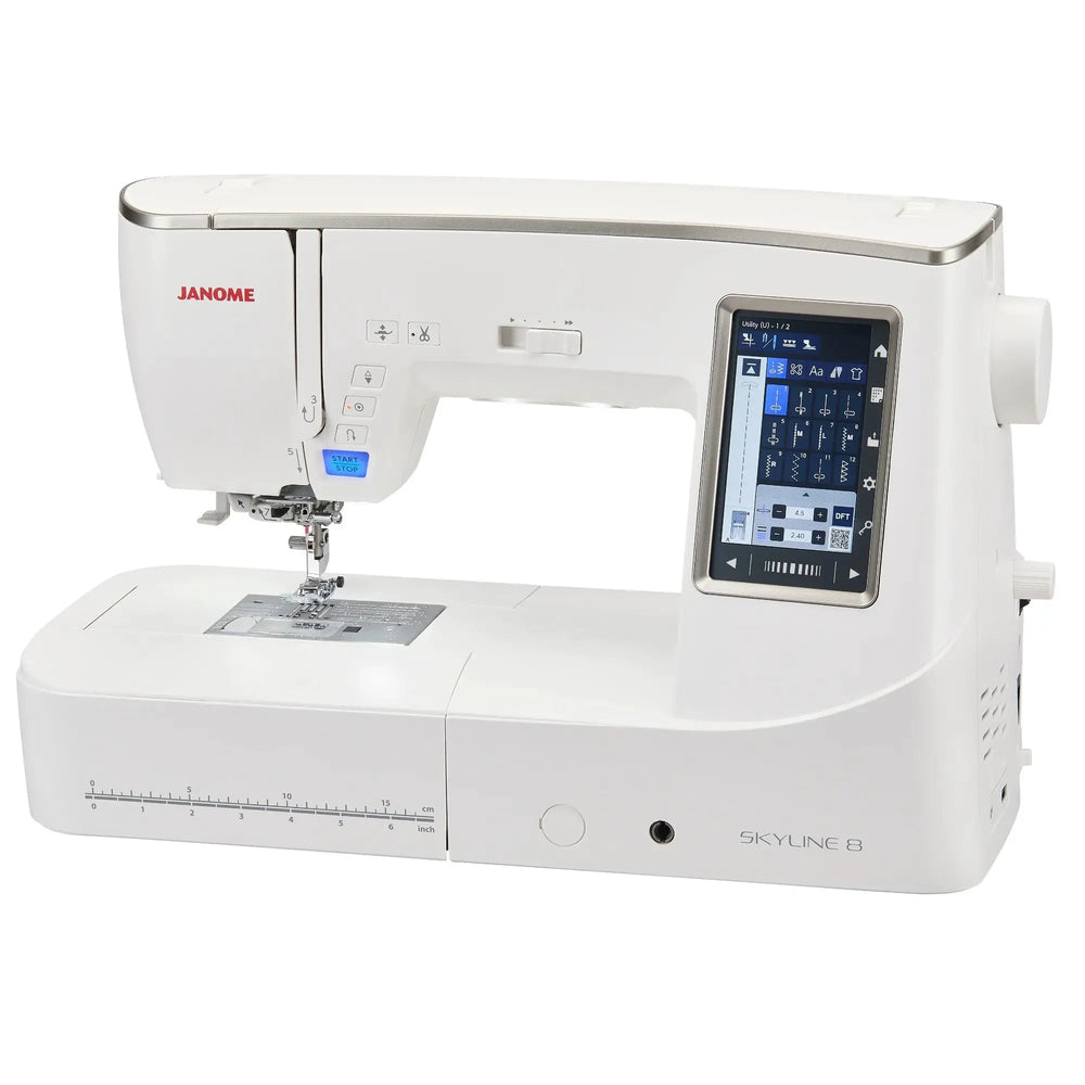 Janome Skyline 8 computerized sewing and quilting machine in white with touchscreen display