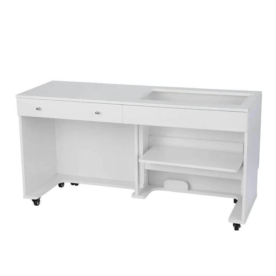 Kangaroo II sewing cabinet in white with two top drawers and right-side shelving on caster wheels.