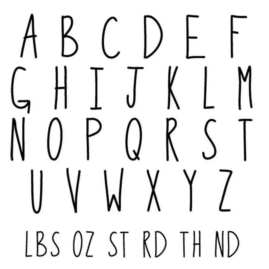 Threaders embroidery transfer sheets Baby, featuring black A-Z uppercase alphabet letters and weight abbreviations.