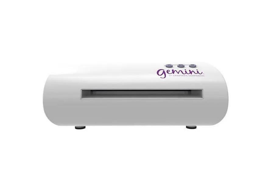 Gemini die cutting and embossing machine, white compact unit with prominent purple Gemini logo