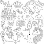Threaders Embroidery Transfer Sheets – Fantasy: black-and-white unicorns, castles, rainbow, crown, mirror, hearts