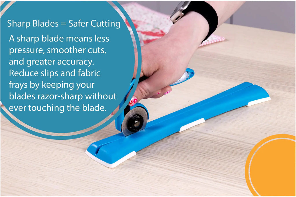Grace TrueCut Sharpener for rotary cutters, blue base by Grace Company.