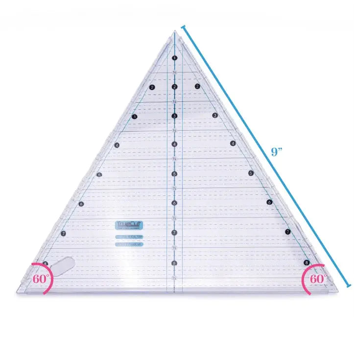 Grace TrueCut Triangle Ruler Bundle; clear plastic quilting ruler with blue grid and 60° corners, 9-inch edge