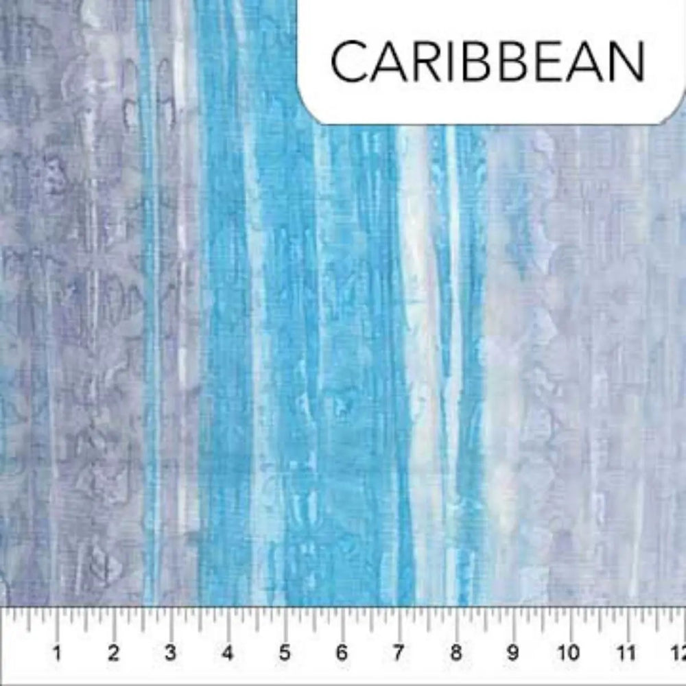 Brush Strokes Caribbean cotton batik quilting fabric with watercolor-style blue, aqua, and teal tonal brush strokes.