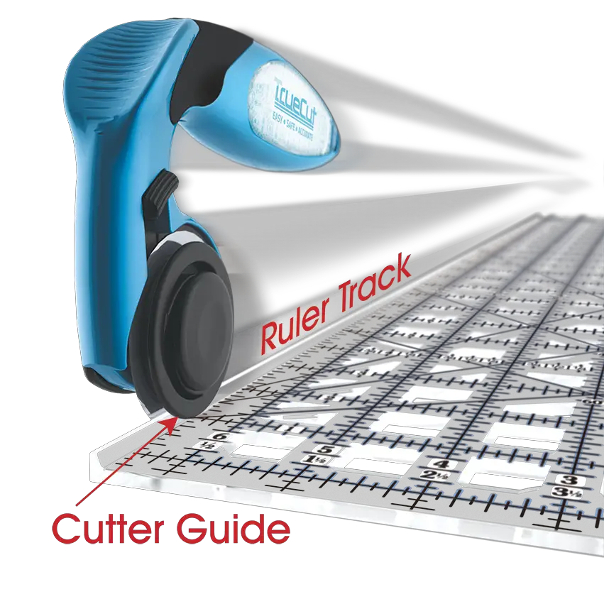 Grace TrueCut Kite Ruler, blue handheld ruler with cutter guide and ruler track by Grace Company