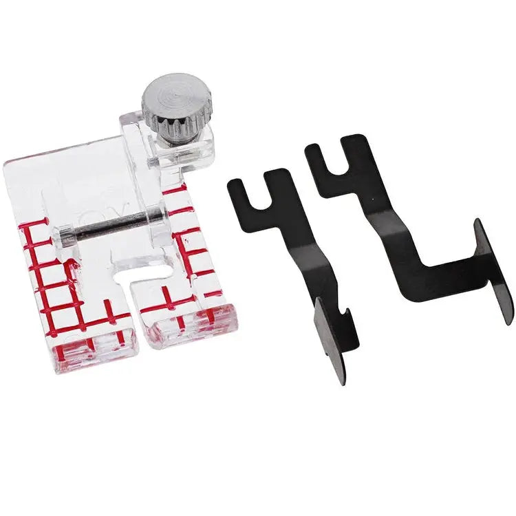 Janome Quilting Accessory Kit: 3-piece set with clear plastic guide featuring red grid and two black metal templates.