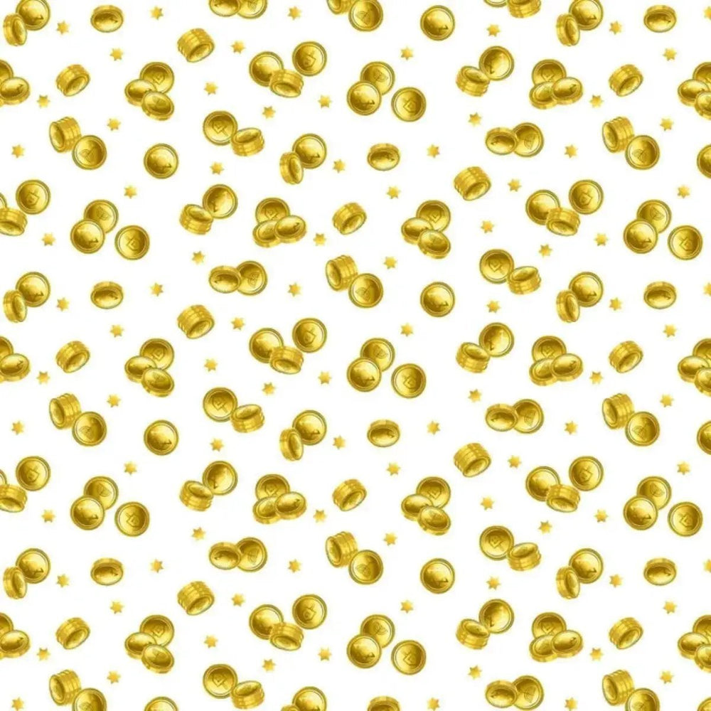 A Celebration of Light Gelt White quilting fabric with gold coins and stars by Chelsea DesignWorks for Studio E Fabrics