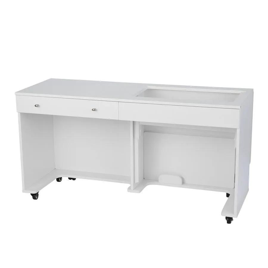 Kangaroo II White sewing cabinet on casters with two top drawers and open left storage.