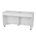 Kangaroo II White sewing cabinet on casters with two top drawers and open left storage.