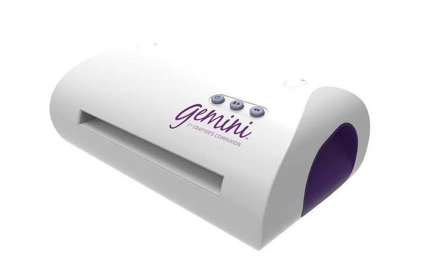 Gemini die cutting and embossing machine by Crafter's Companion, white with purple end cap