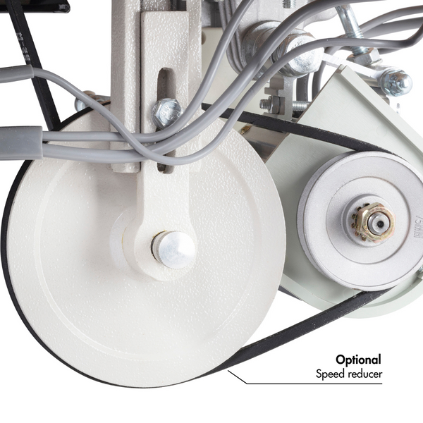 Consew 206RB-5 walking foot upholstery sewing machine with table and 110V servo motor, gray metal.
