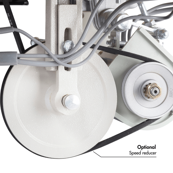 Consew 206RB-5 walking foot upholstery sewing machine with table and 110V servo motor, gray metal.