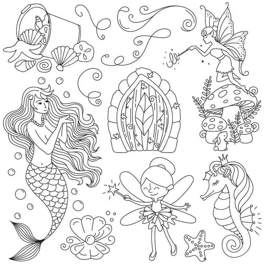 Threaders Embroidery Transfer Sheets – Fantasy; black-and-white line-art motifs of mermaid, fairy, door, mushrooms