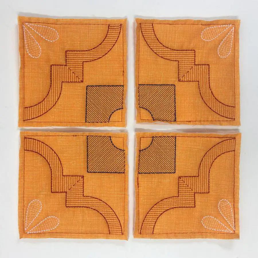 DIME Monster Block Maker - Single Needles Only; four orange squares with black geometric stitching.